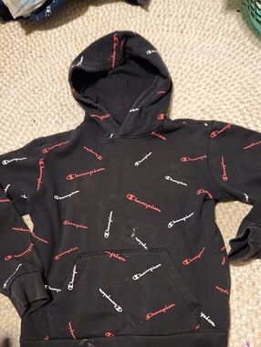 Champion Black Hoodie with Red and White Logos